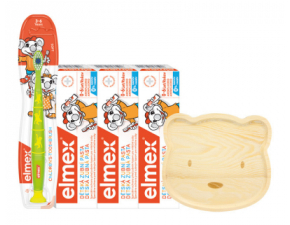 Elmex Detský balíček – 3x zubná pasta 50ml, zubná kefka 3-6 rokov + drevený tanierik